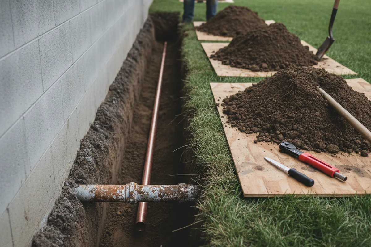 Excavated water line trench during Water Heater Repair in Mountain Rest